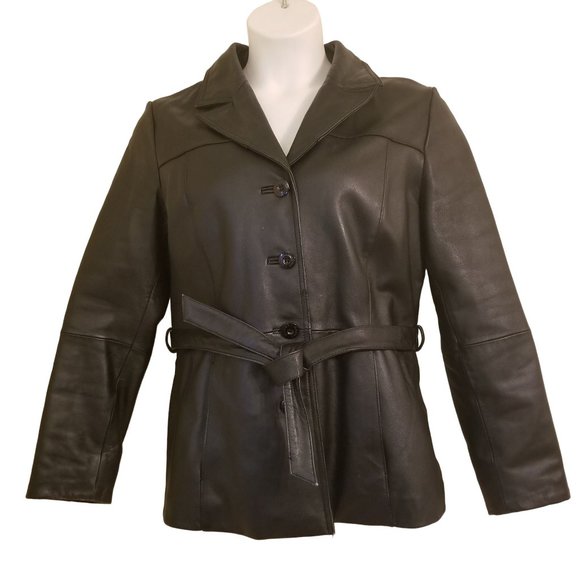 Wilsons L Leather Maxima Belted Jacket Black Dress Coat‎ Pockets Vintage - Picture 1 of 6